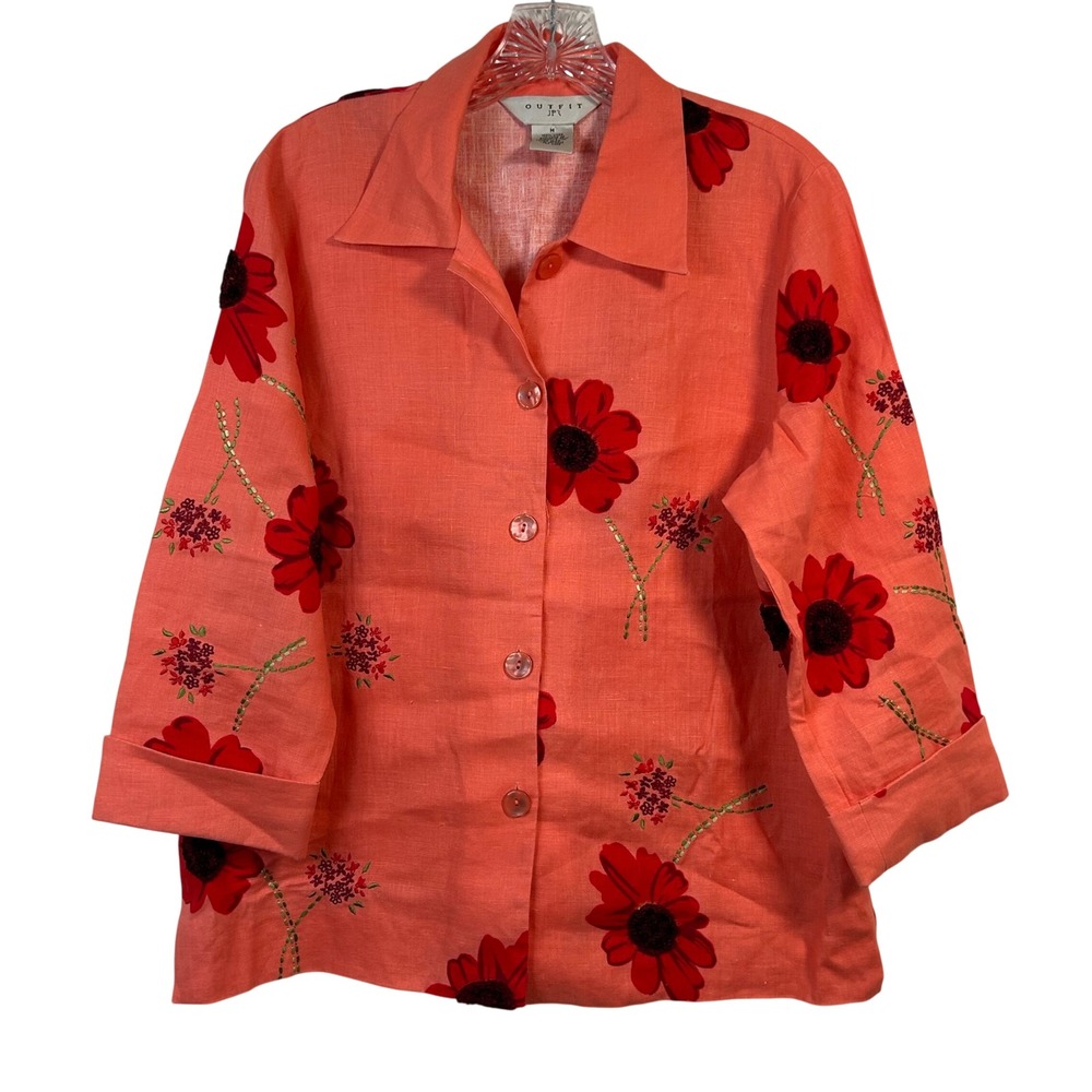 Outfit JPR Womens Coral Orange 100% Linen Floral Embroidered Button Up Shirt M